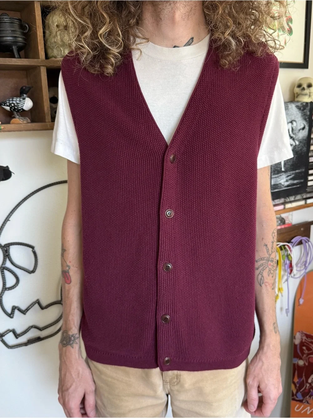Vintage 90s Eddie Bauer AKA Burgundy Cotton Knit Sweater Vest ~ Size Large